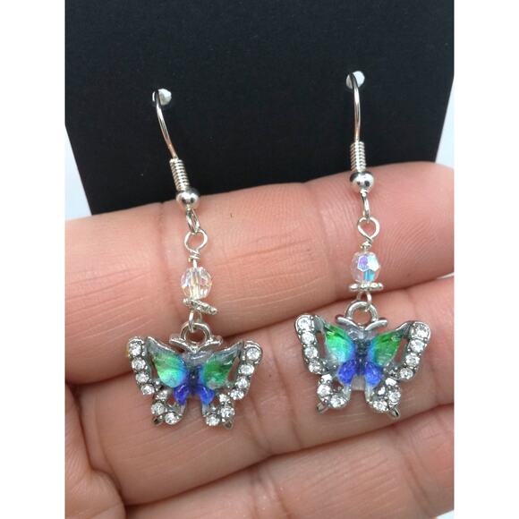 Whimsical Colorful Butterfly Earrings Dangle Charm Blue Green Sparkle Wings NEW - Picture 8 of 9
